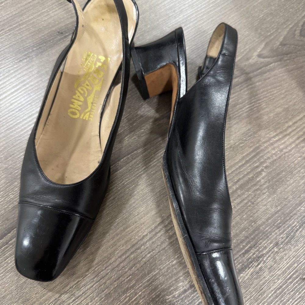 Salvatore Ferragamo Black Leather Slingback Flats